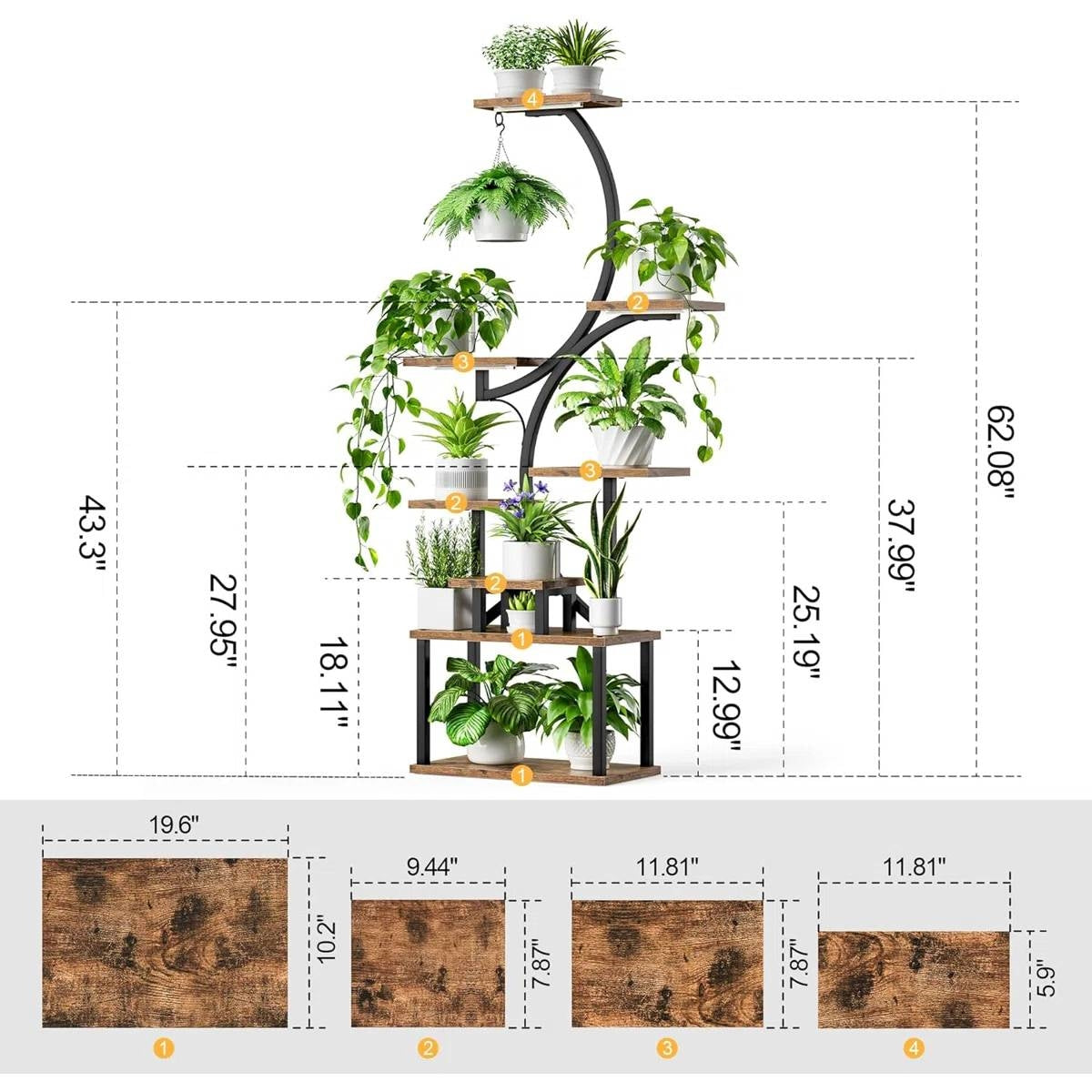 Indoor Plant Stand with Black Metal Frame and Wood Finish Shelves FastFurnishings