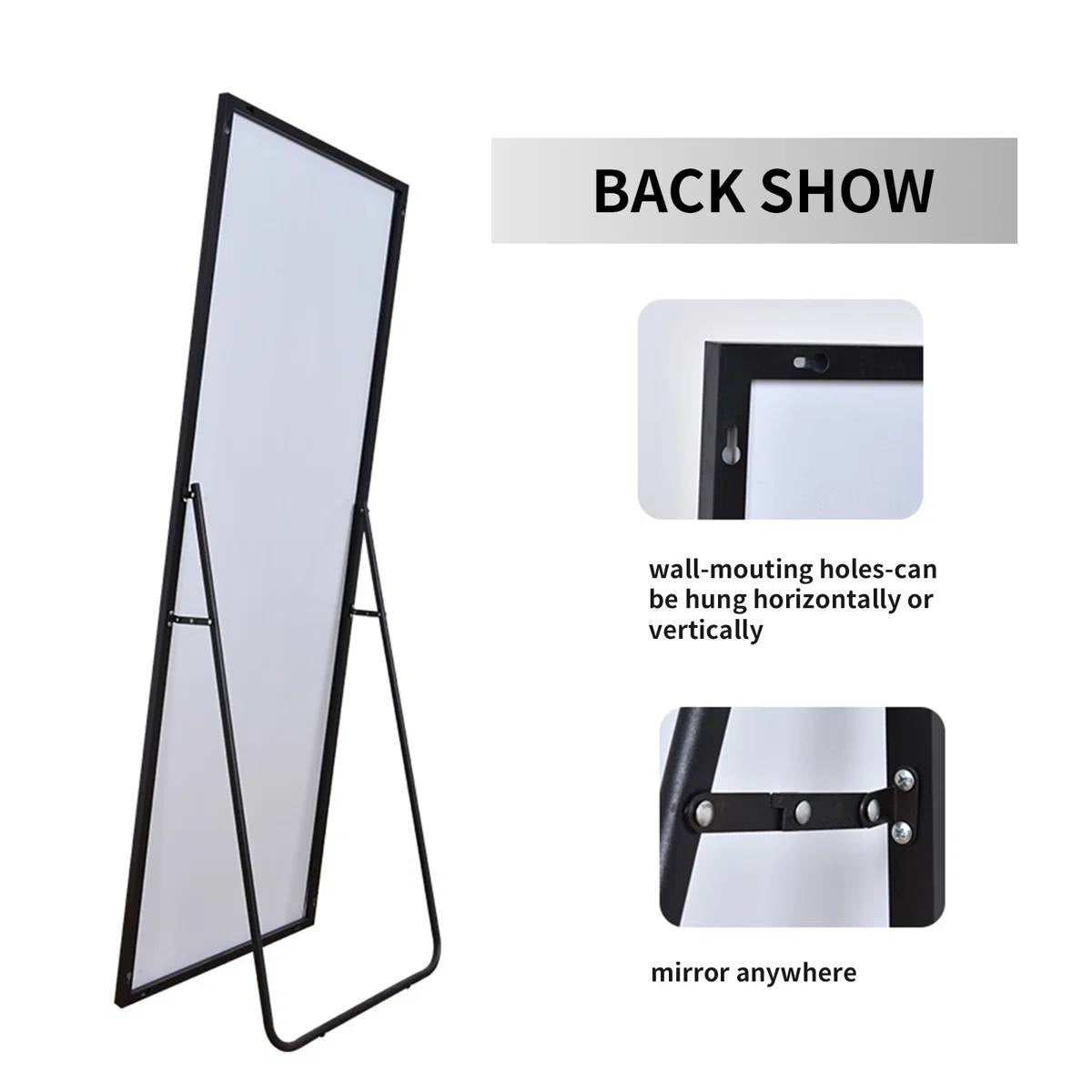 Black 64-inch Full Length Floor Mirror with Stand and Wall Mounting Holes-3