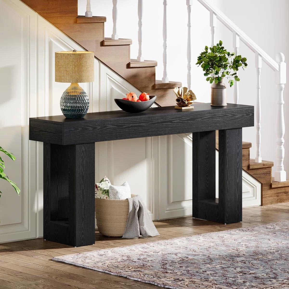 Modern Farmhouse 63-inch Narrow Entryway Console Sofa Table in Black Wood Finish FastFurnishings