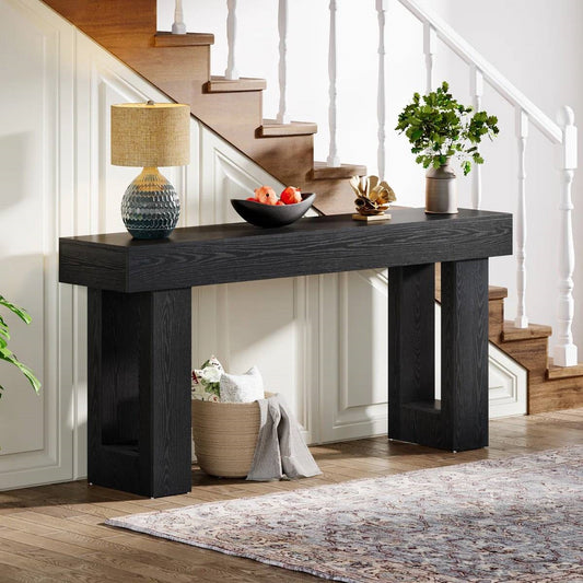 Modern Farmhouse 63-inch Narrow Entryway Console Sofa Table in Black Wood Finish FastFurnishings