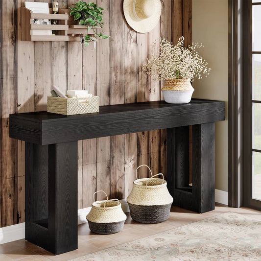 Modern Farmhouse 63-inch Narrow Entryway Console Sofa Table in Black Wood Finish FastFurnishings