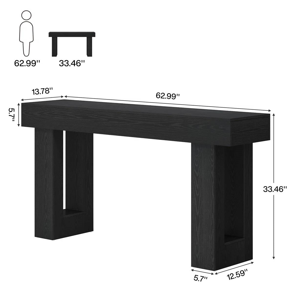 Modern Farmhouse 63-inch Narrow Entryway Console Sofa Table in Black Wood Finish FastFurnishings