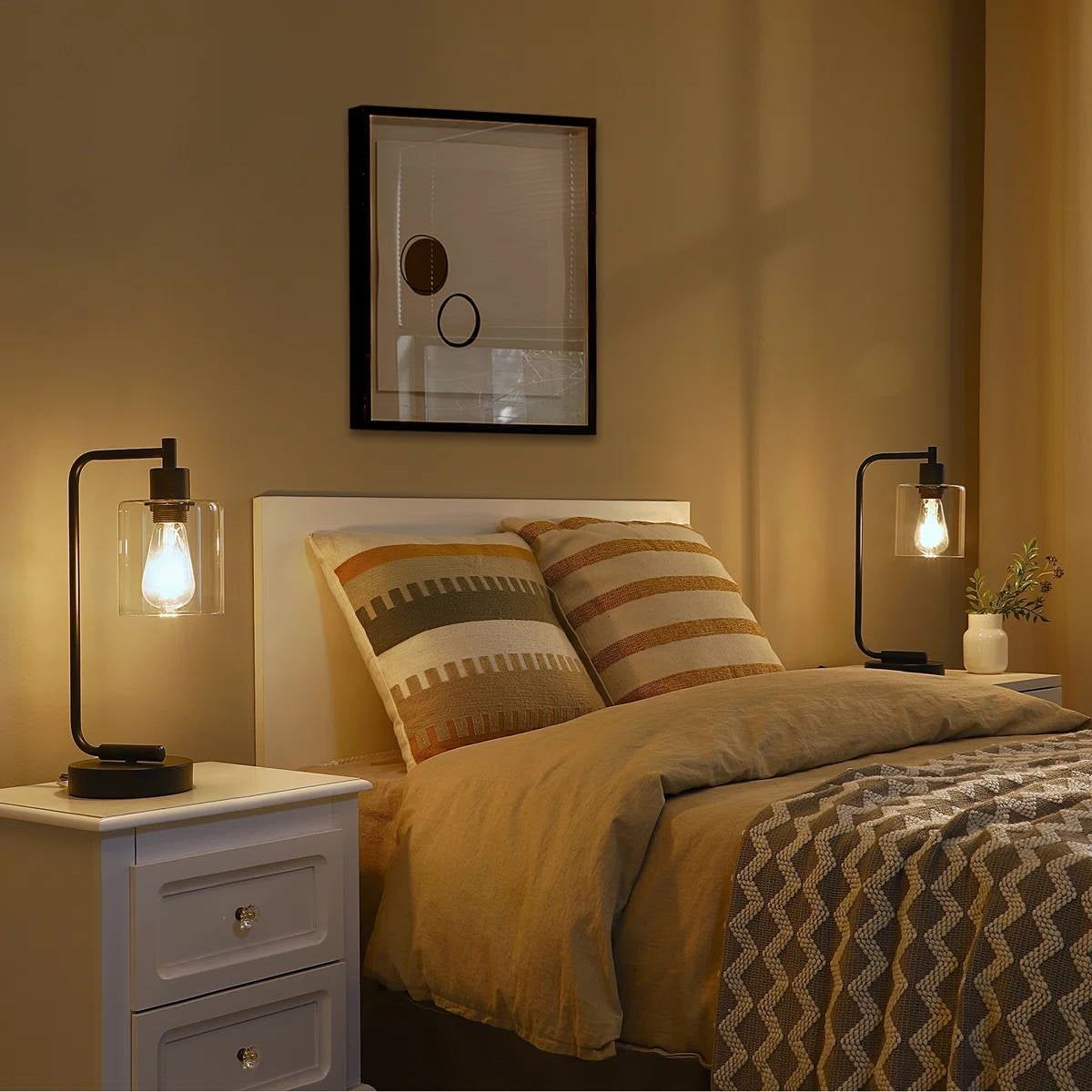 Set of 2 - Farmhouse Bedside Table Lamp Black Desk Light with USB Charging Ports FastFurnishings