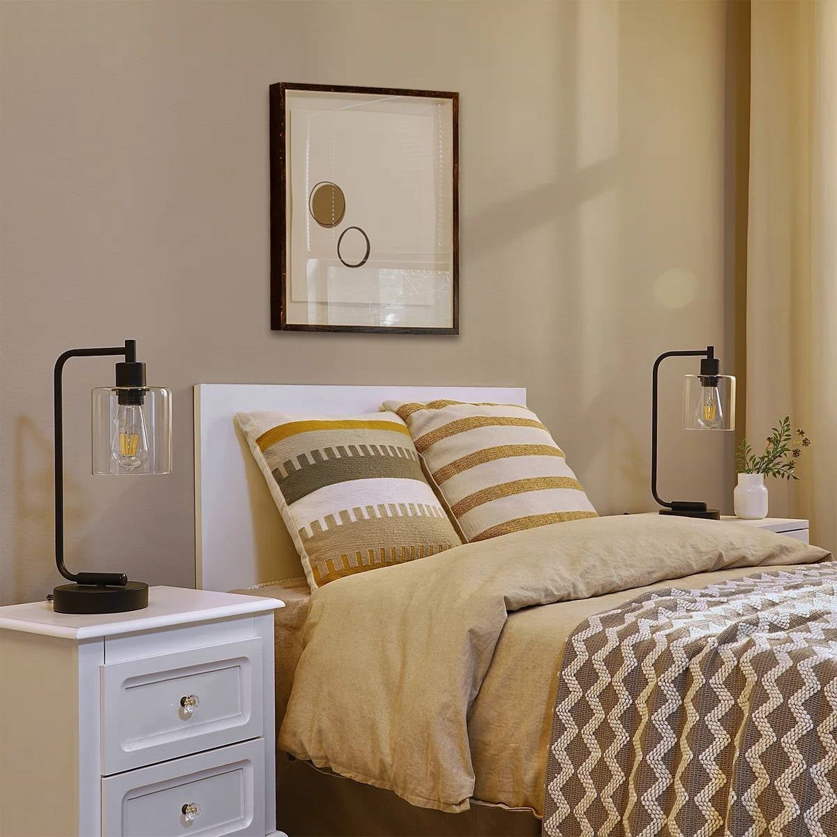 Set of 2 - Farmhouse Bedside Table Lamp Black Desk Light with USB Charging Ports FastFurnishings
