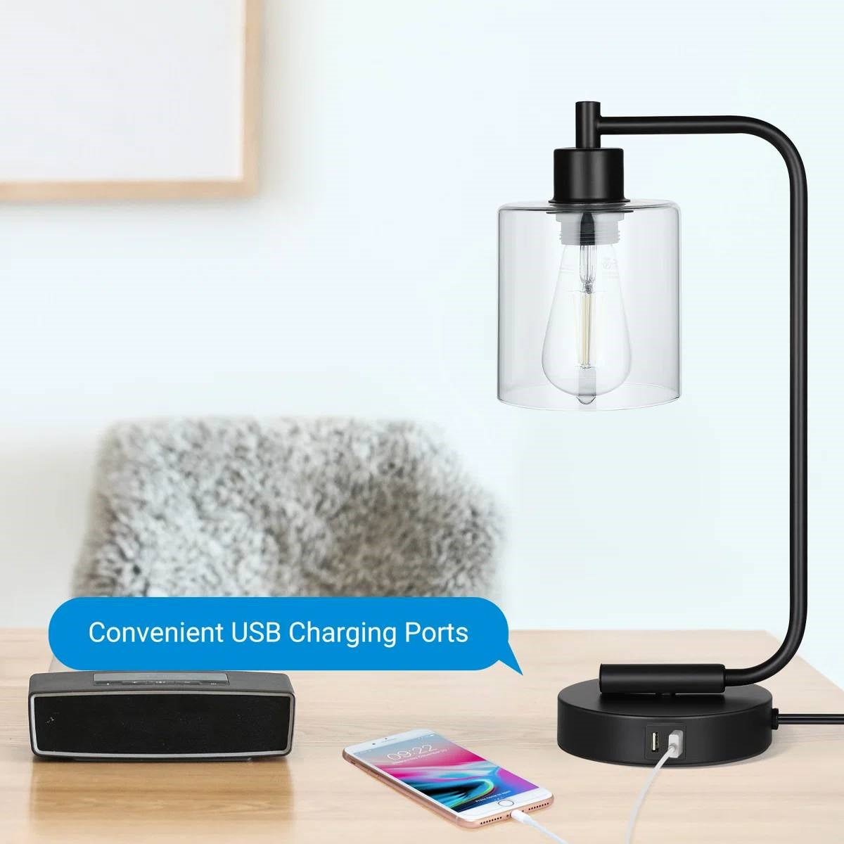 Set of 2 - Farmhouse Bedside Table Lamp Black Desk Light with USB Charging Ports FastFurnishings