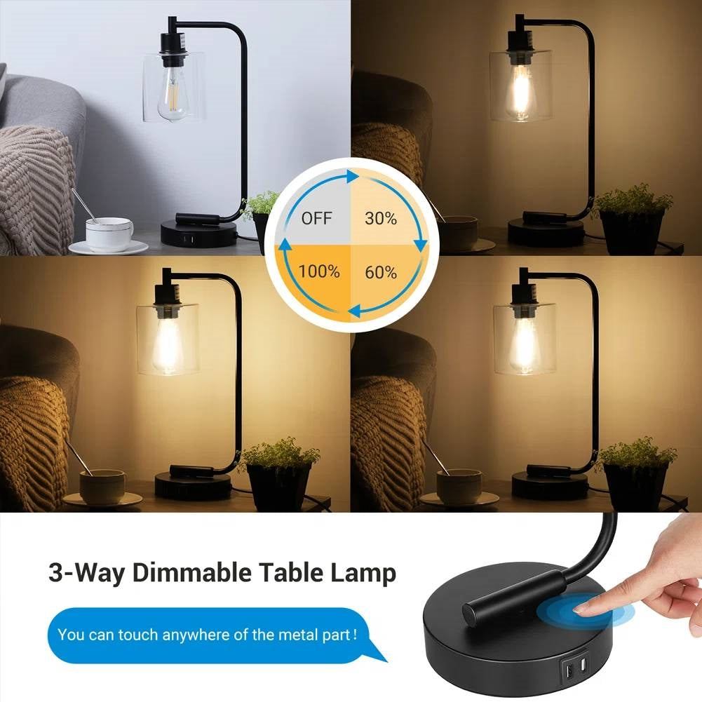 Set of 2 - Farmhouse Bedside Table Lamp Black Desk Light with USB Charging Ports FastFurnishings