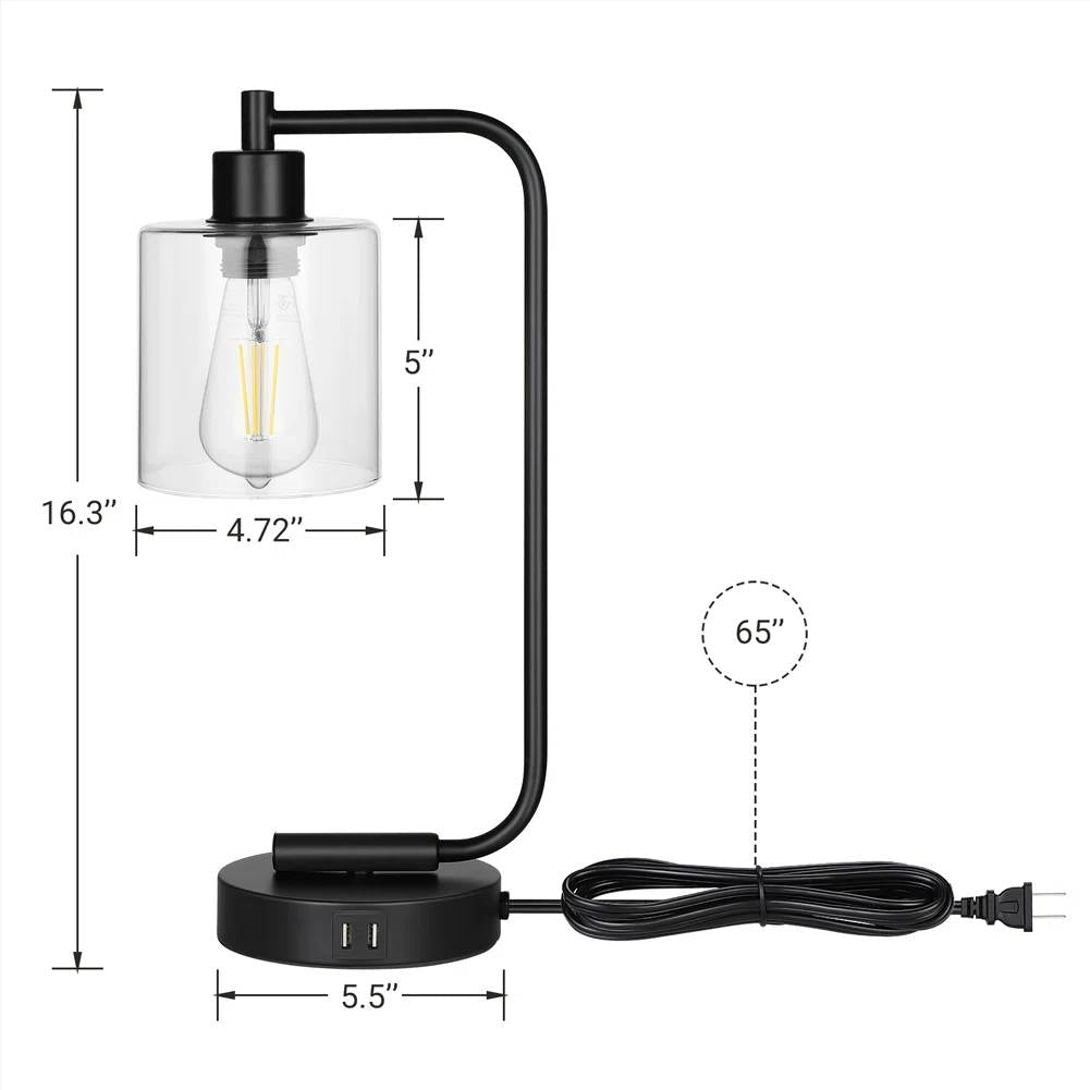 Set of 2 - Farmhouse Bedside Table Lamp Black Desk Light with USB Charging Ports FastFurnishings