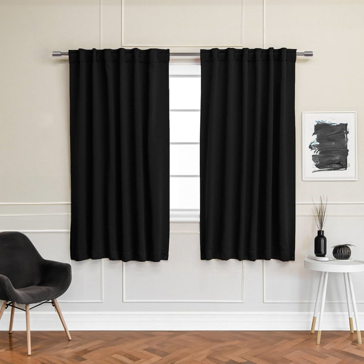 52 x 63 inch Solid Black Thermal Blackout Curtain Panels - Set of 2 FastFurnishings