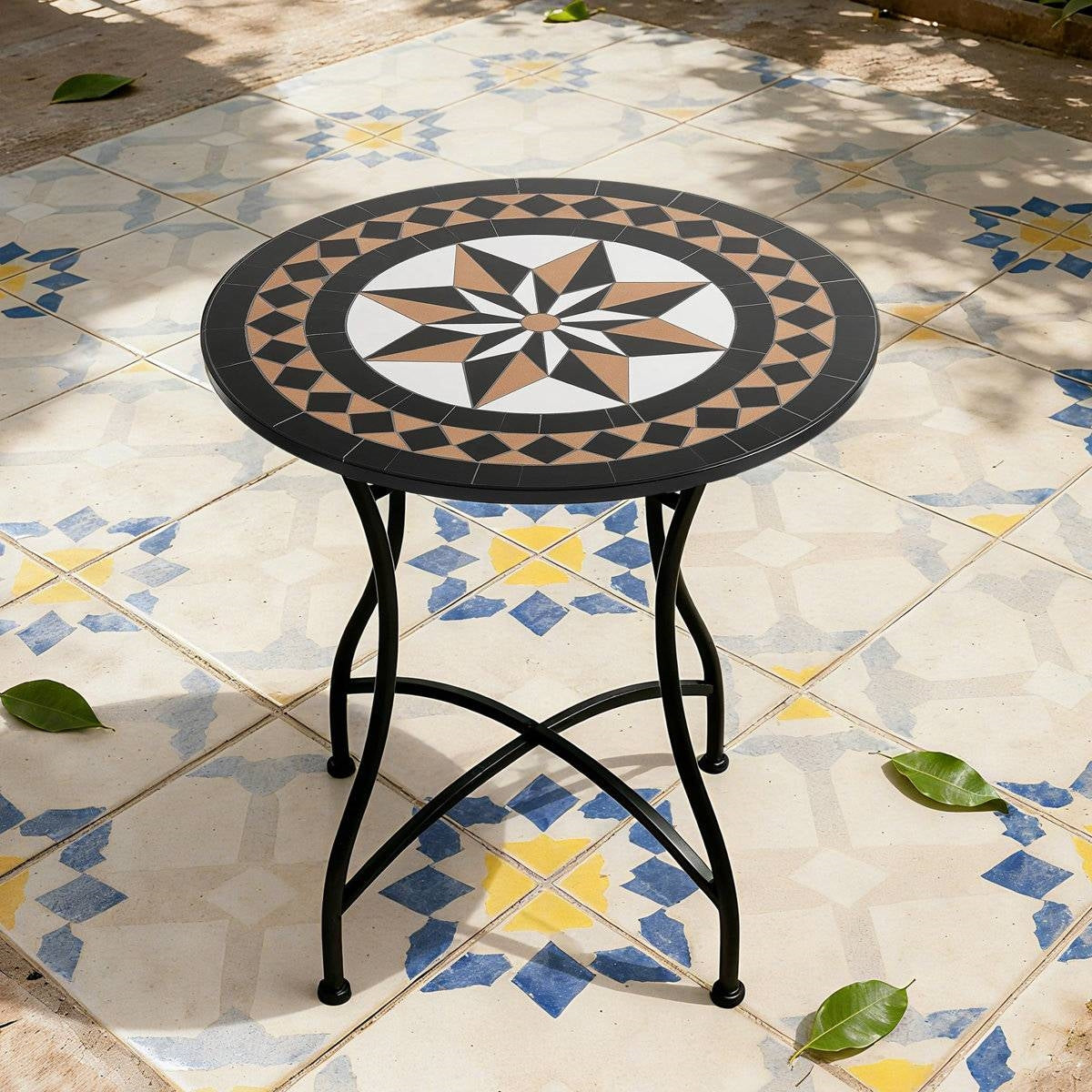 Round 24-inch Black Tan Mosaic Tile Star Pattern Bistro Table with Metal Legs FastFurnishings