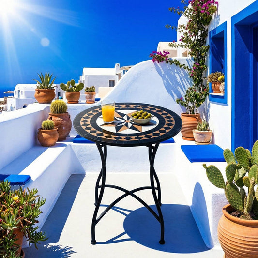 Round 24-inch Black Tan Mosaic Tile Star Pattern Bistro Table with Metal Legs FastFurnishings
