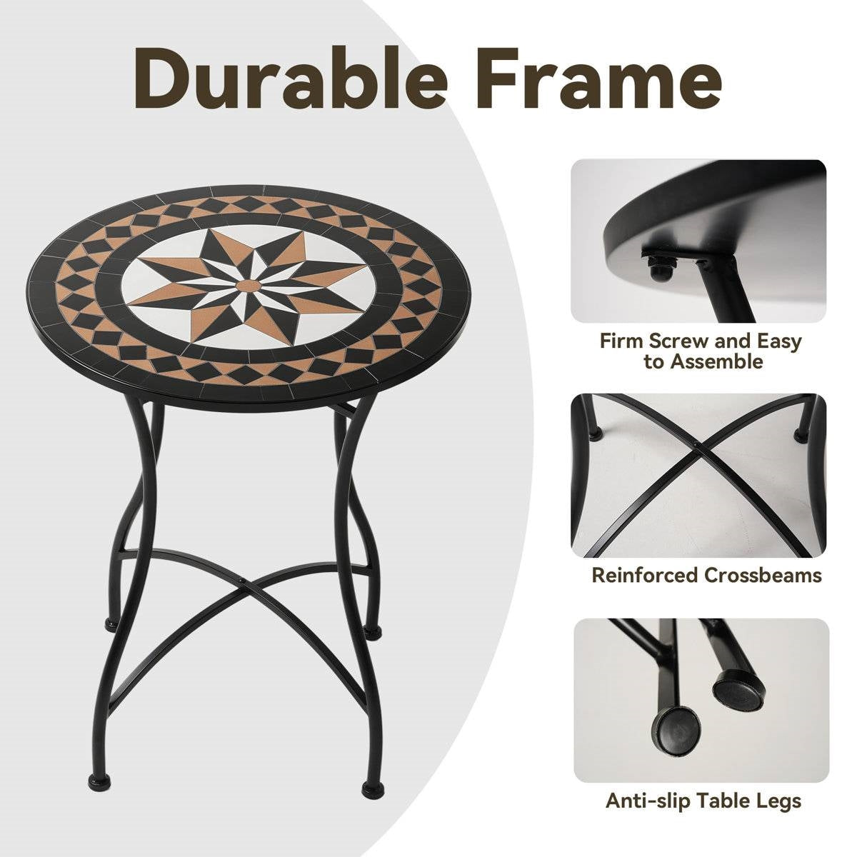 Round 24-inch Black Tan Mosaic Tile Star Pattern Bistro Table with Metal Legs FastFurnishings