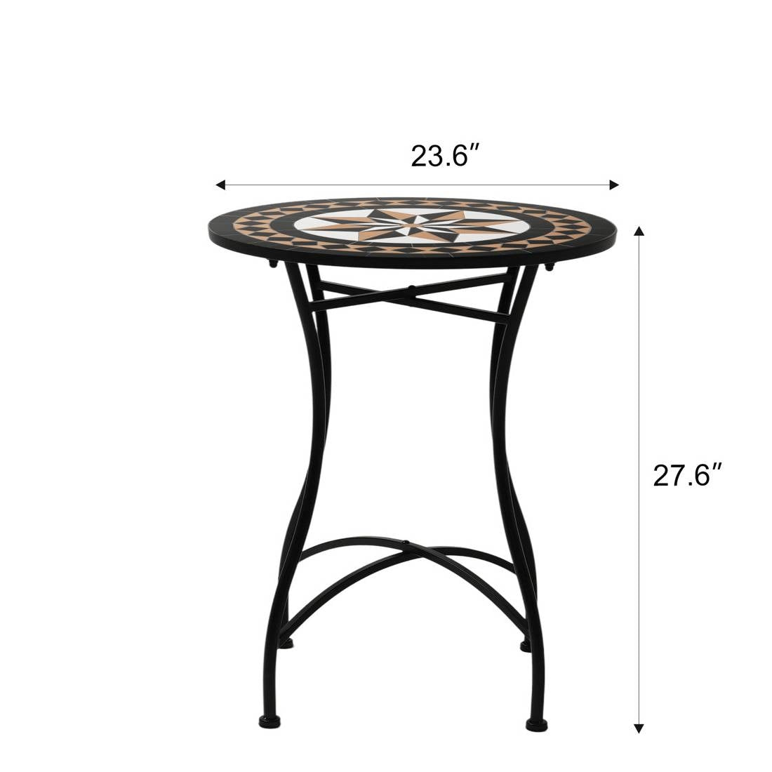 Round 24-inch Black Tan Mosaic Tile Star Pattern Bistro Table with Metal Legs FastFurnishings