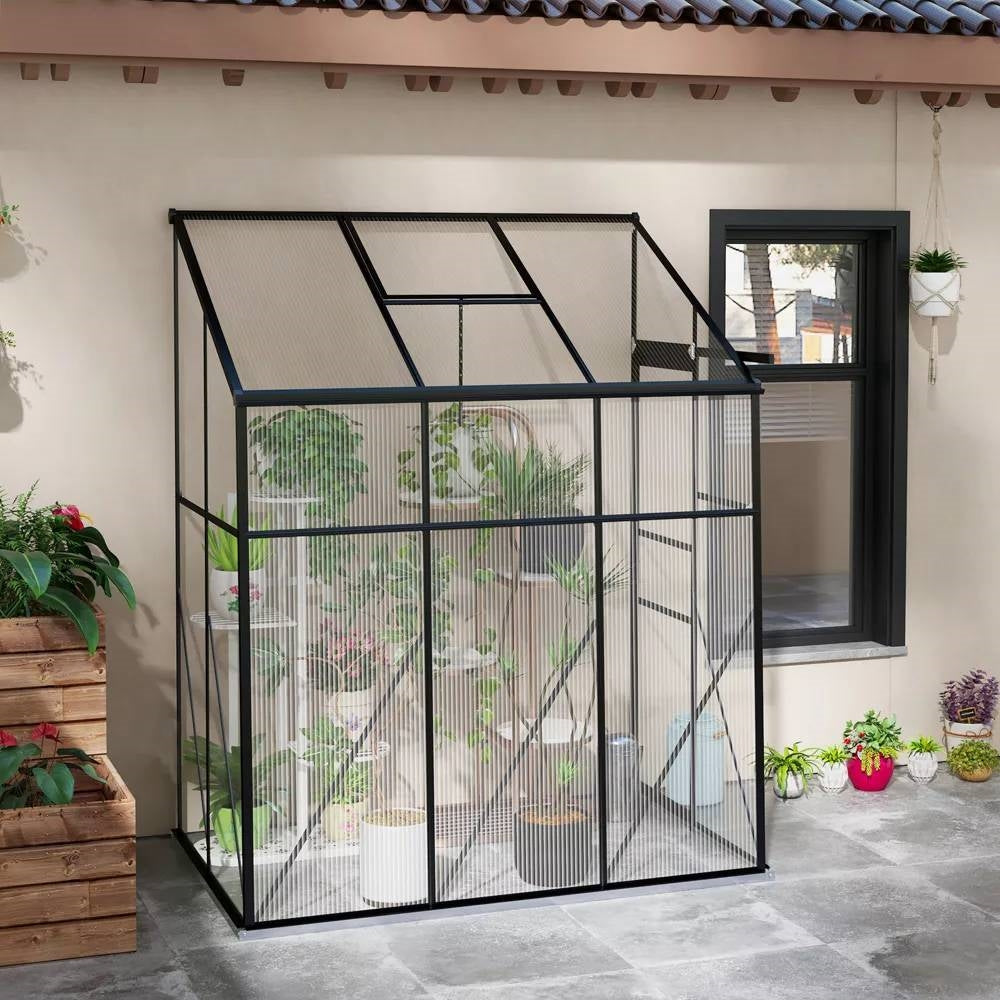 6.3 ft x 4.1 ft Outdoor Polycarbonate Lean-to Greenhouse with Black Metal Frame FastFurnishings