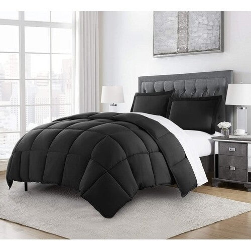 Queen Size Reversible Microfiber Down Alternative Comforter Set in Black FastFurnishings