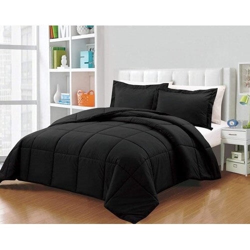 Queen Size Reversible Microfiber Down Alternative Comforter Set in Black FastFurnishings