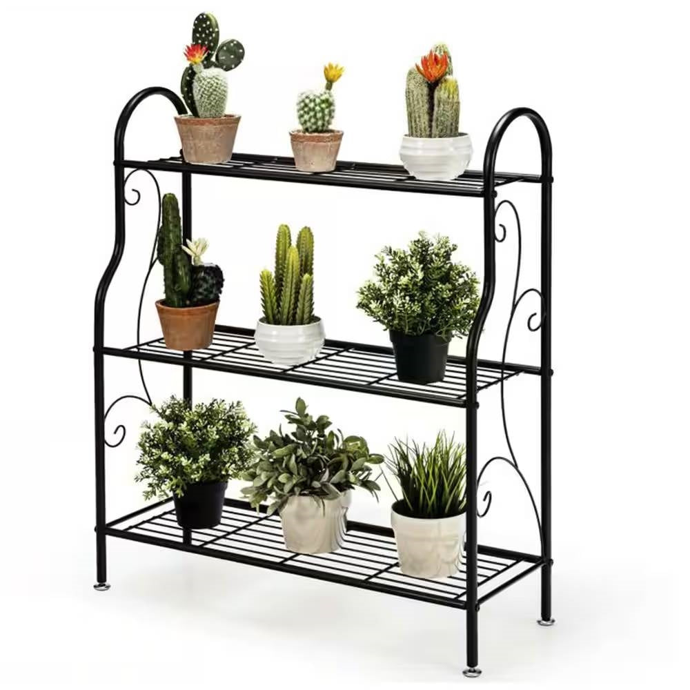 Indoor/Outdoor Black Metal 3-Tier Bookcase Plant Stand Shelving Rack FastFurnishings