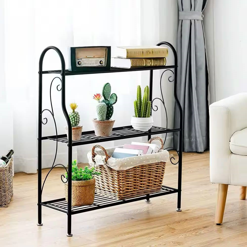 Indoor/Outdoor Black Metal 3-Tier Bookcase Plant Stand Shelving Rack FastFurnishings