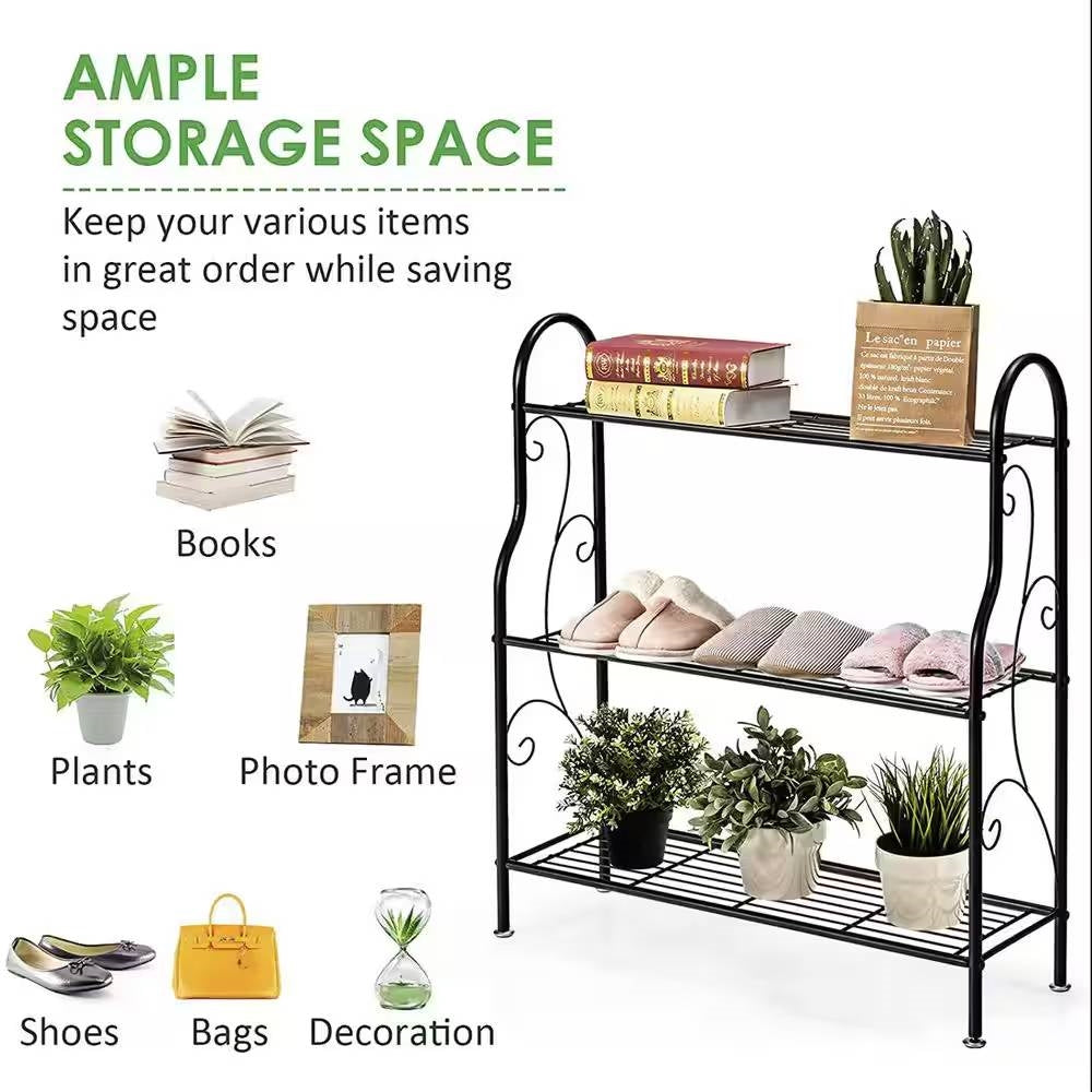 Indoor/Outdoor Black Metal 3-Tier Bookcase Plant Stand Shelving Rack FastFurnishings