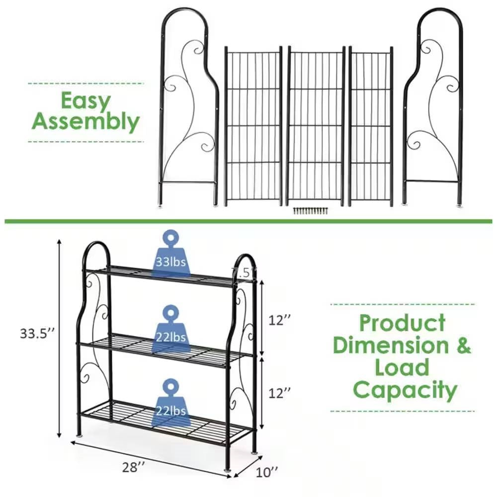 Indoor/Outdoor Black Metal 3-Tier Bookcase Plant Stand Shelving Rack FastFurnishings