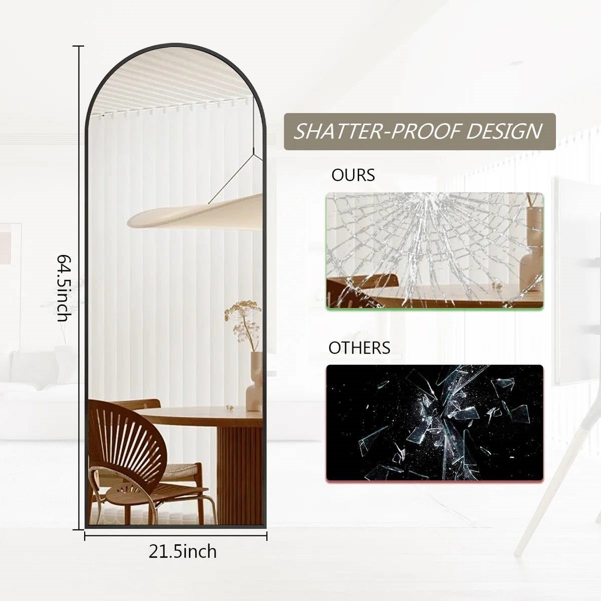 Black 64-inch Full Length Arched Floor Mirror with Stand and Wall Hanging Screws-4
