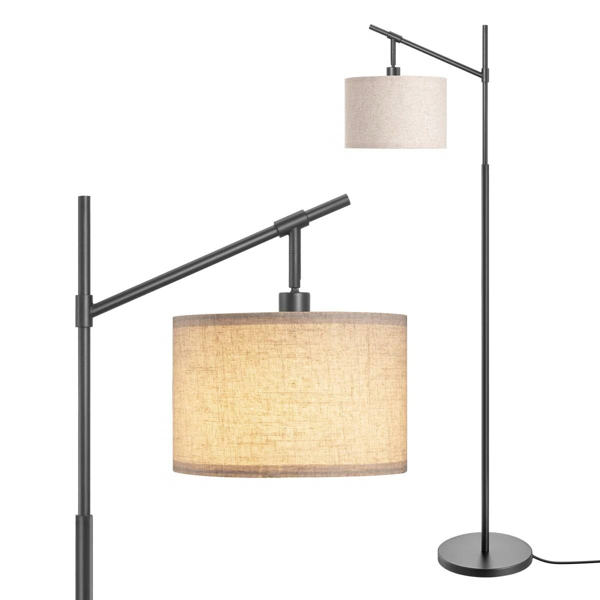 63-inch Black Modern Arc Floor Lamp with Beige Linen Drum Shade-0