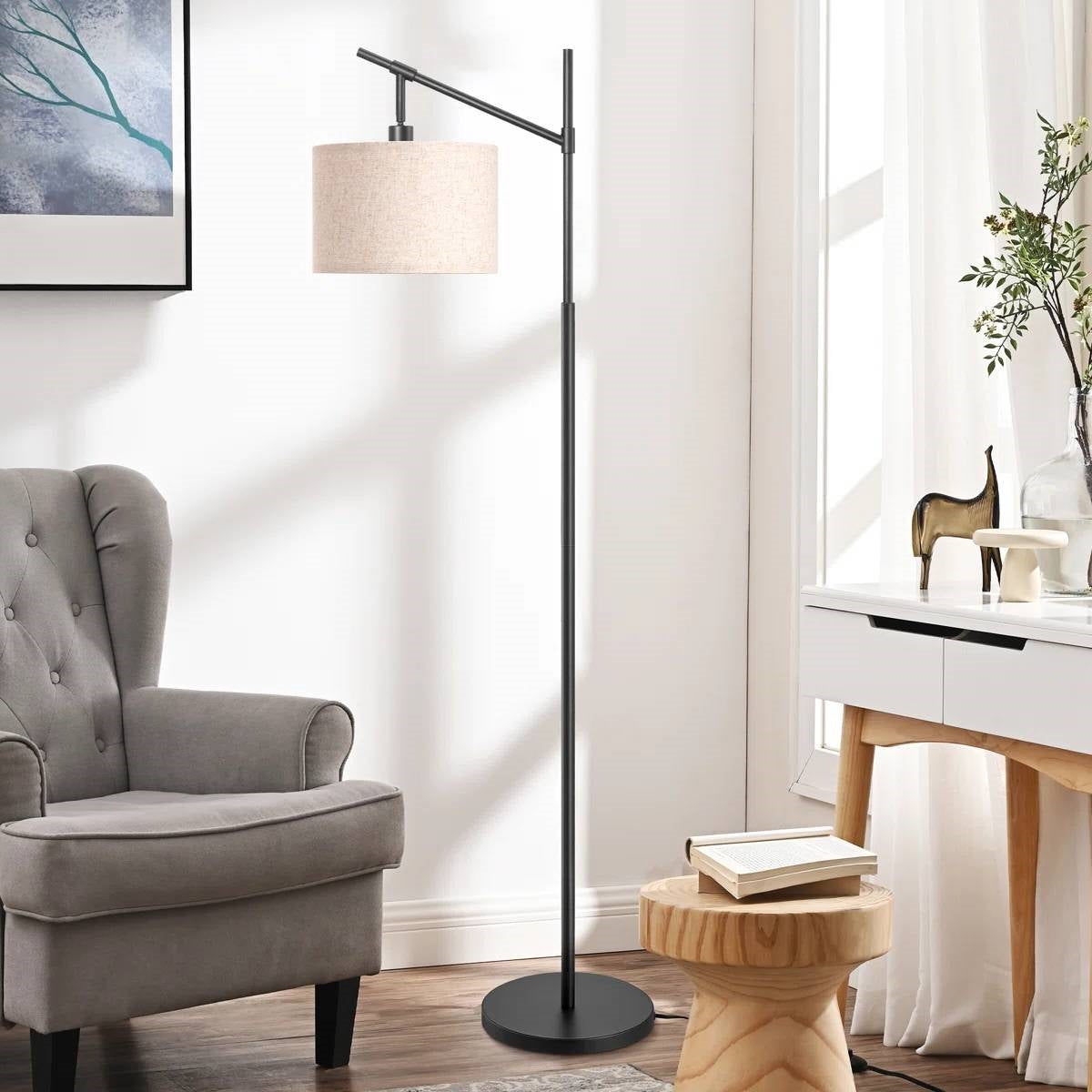 63-inch Black Modern Arc Floor Lamp with Beige Linen Drum Shade-1
