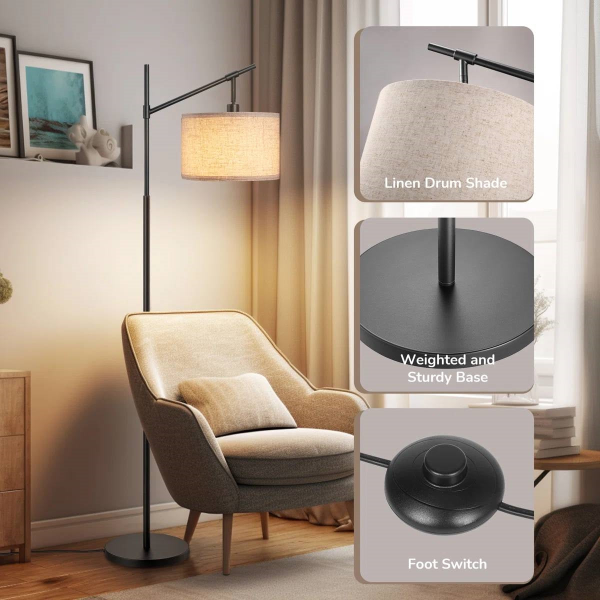 63-inch Black Modern Arc Floor Lamp with Beige Linen Drum Shade-3