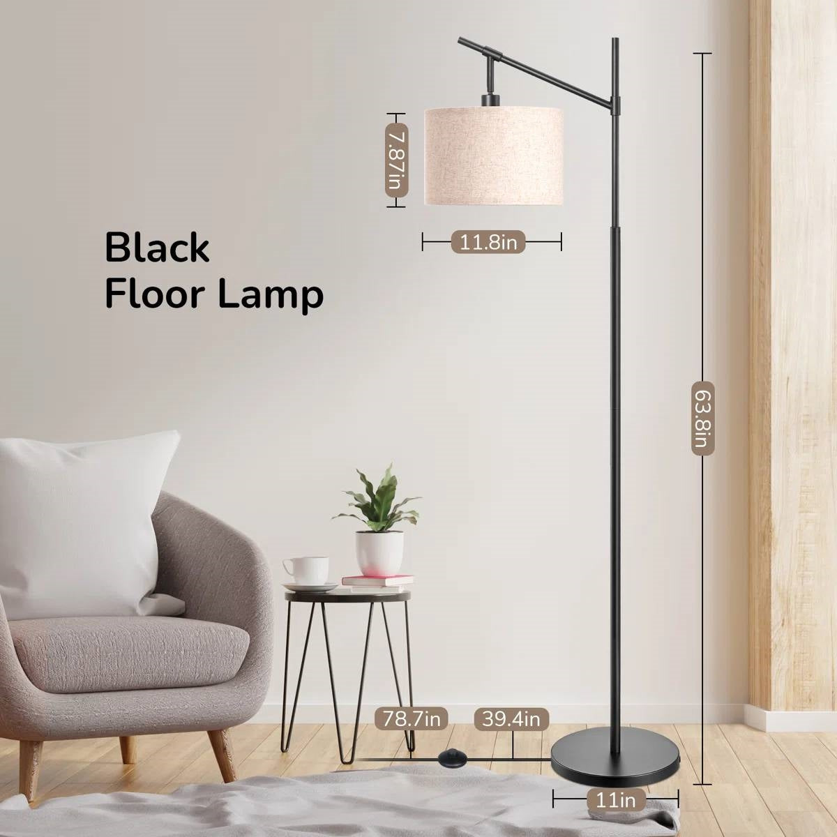 63-inch Black Modern Arc Floor Lamp with Beige Linen Drum Shade-4