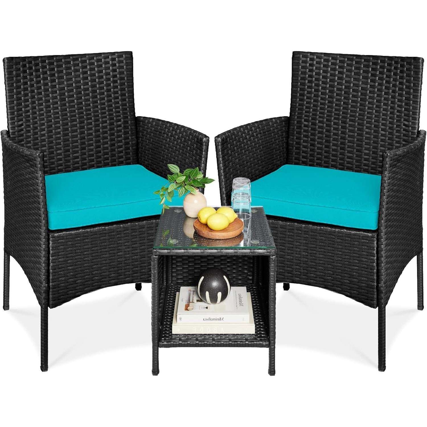 3-Piece Black PE Wicker Outdoor Dining Patio Furniture Set w/ Teal Blue Cushions FastFurnishings