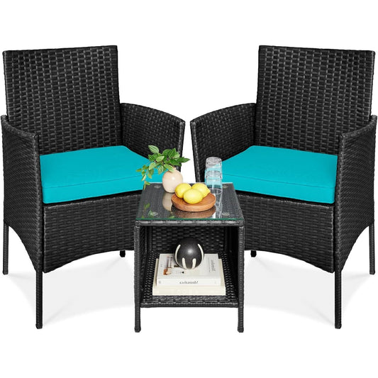 3-Piece Black PE Wicker Outdoor Dining Patio Furniture Set w/ Teal Blue Cushions FastFurnishings