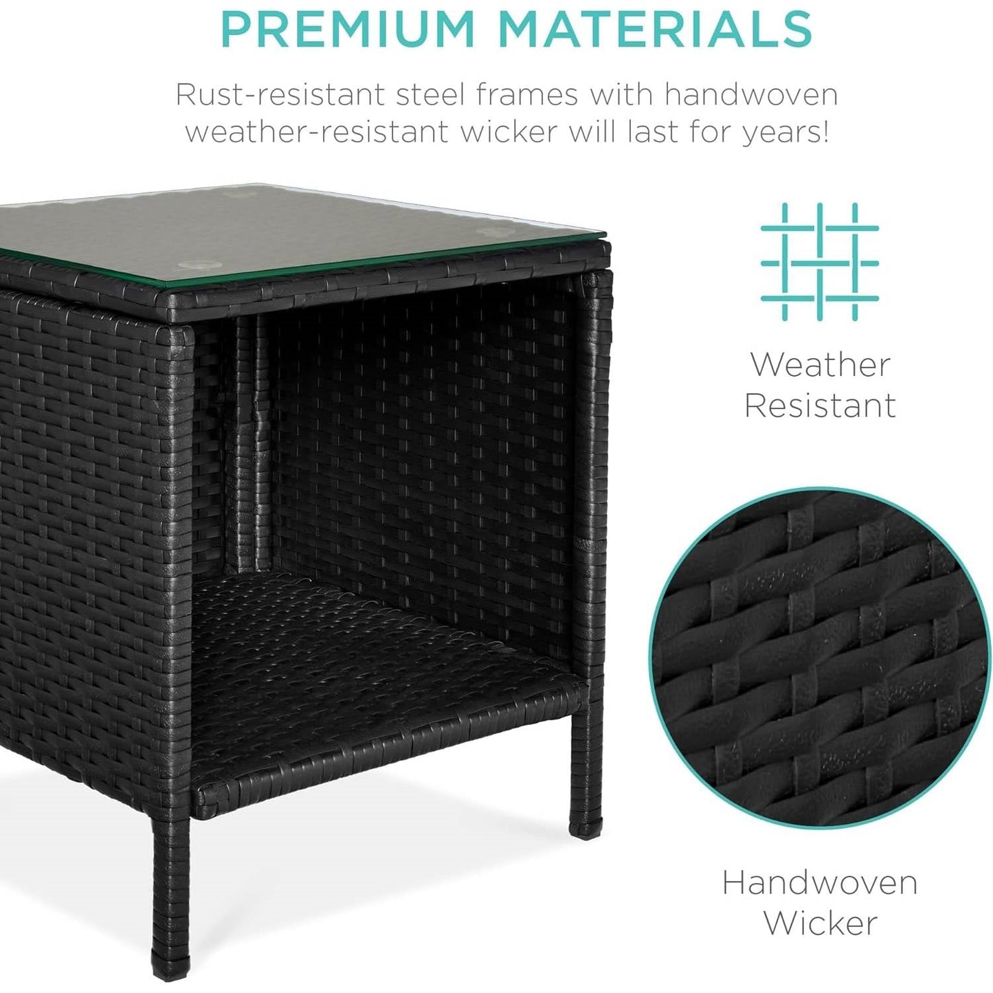 3-Piece Black PE Wicker Outdoor Dining Patio Furniture Set w/ Teal Blue Cushions FastFurnishings