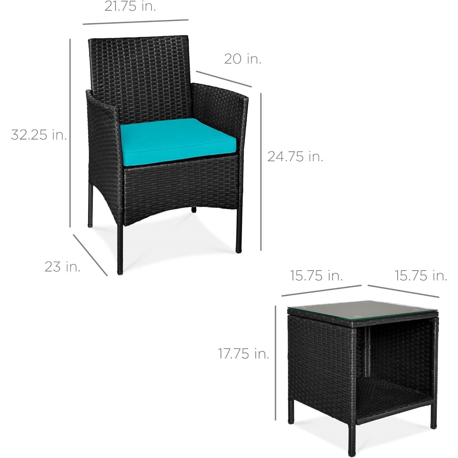 3-Piece Black PE Wicker Outdoor Dining Patio Furniture Set w/ Teal Blue Cushions FastFurnishings