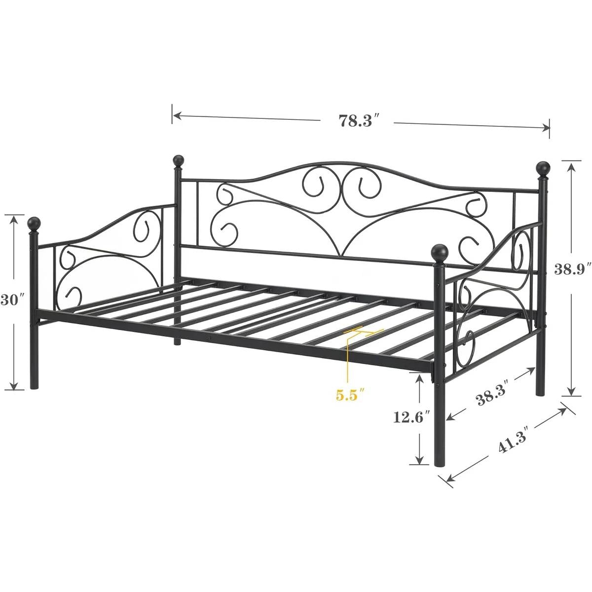 Twin size Classic Heavy Duty Steel Daybed Frame in Black Metal Finish FastFurnishings