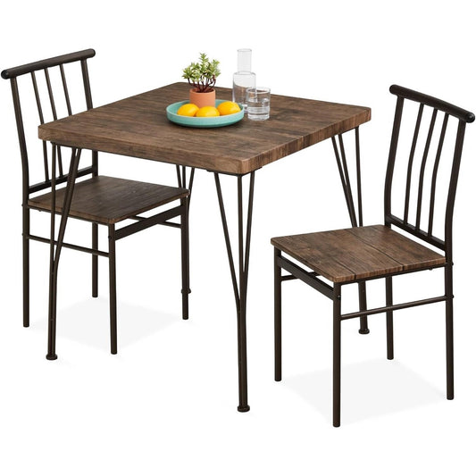 3-Piece Black Metal Frame Dining Set with Dark Brown Wood Top Table and 2 Chairs
