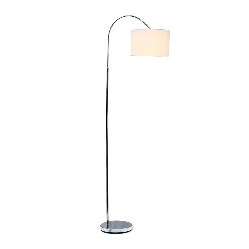 Modern Mid-Century Floor Lamp in Brushed Nickel Finish with White Drum Shade FastFurnishings