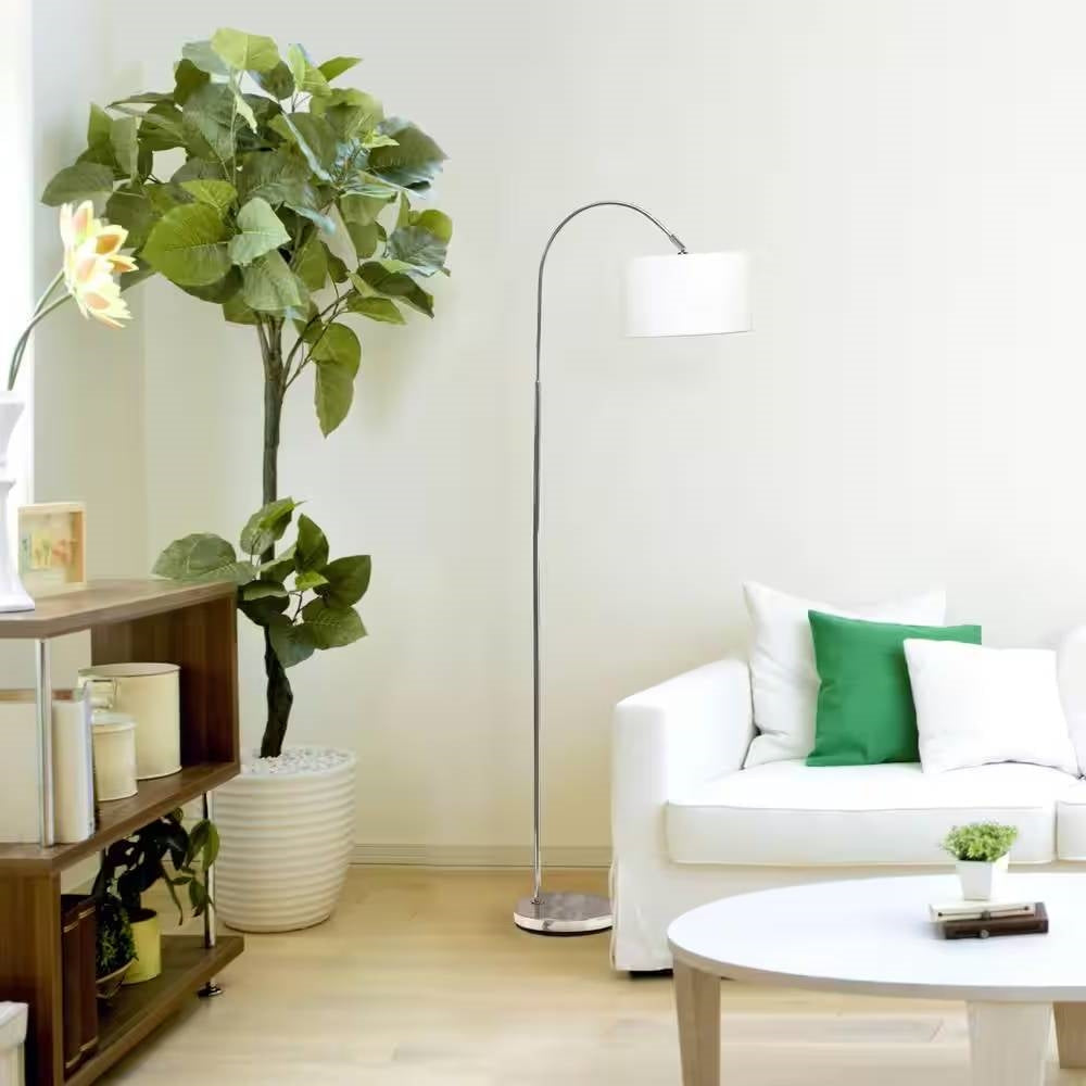 Modern Mid-Century Floor Lamp in Brushed Nickel Finish with White Drum Shade FastFurnishings