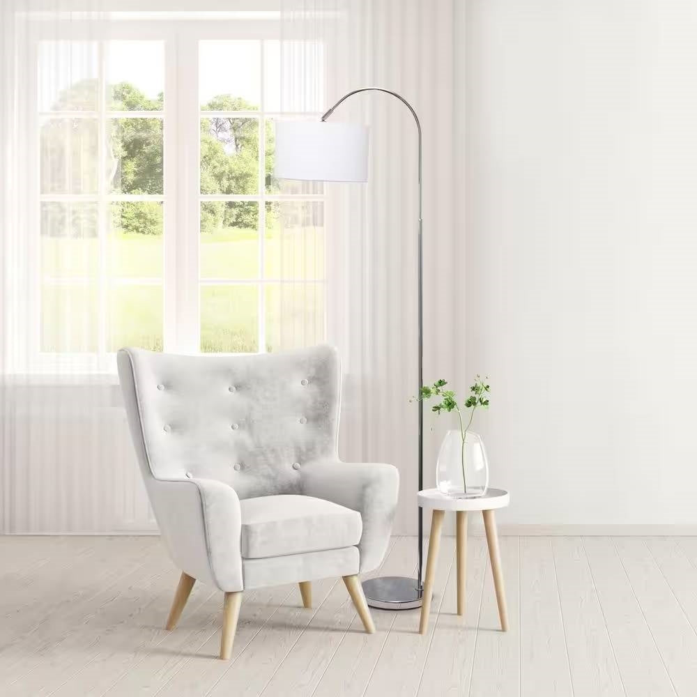 Modern Mid-Century Floor Lamp in Brushed Nickel Finish with White Drum Shade FastFurnishings