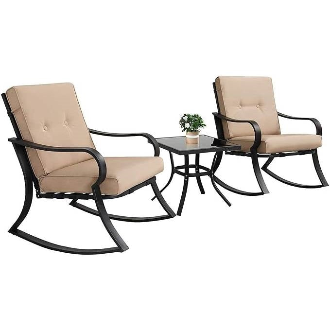 3-Piece Outdoor Patio Furniture Table Rocking Chairs Set with Beige Cushions FastFurnishings