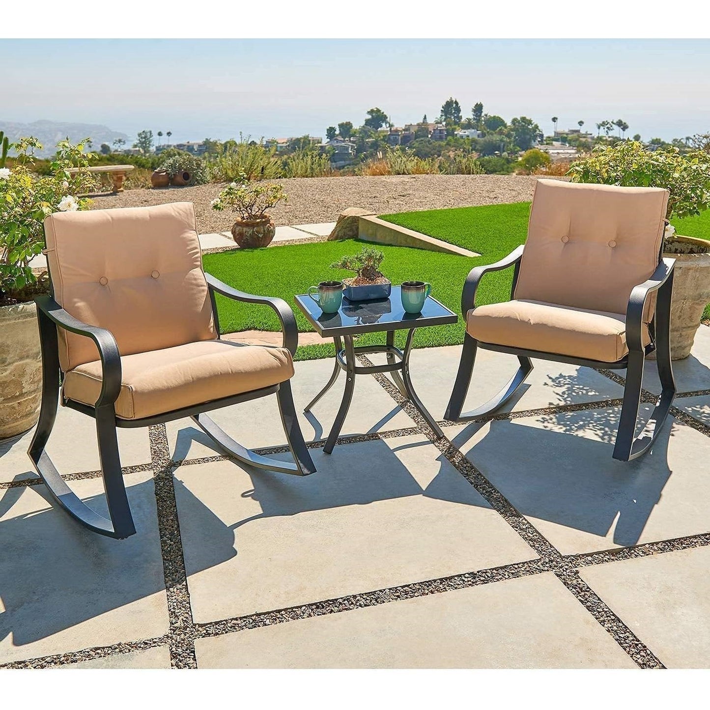 3-Piece Outdoor Patio Furniture Table Rocking Chairs Set with Beige Cushions FastFurnishings