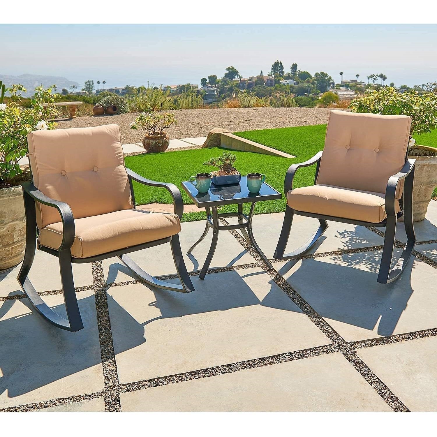 3-Piece Outdoor Patio Furniture Table Rocking Chairs Set with Beige Cushions FastFurnishings