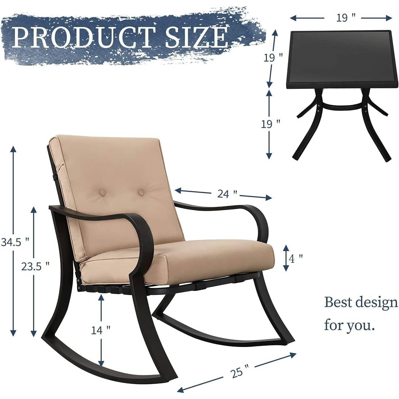 3-Piece Outdoor Patio Furniture Table Rocking Chairs Set with Beige Cushions FastFurnishings
