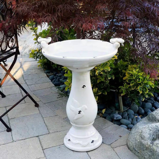 Outdoor Off-White Ceramic Birdbath in Light-Brown Antique Finish FastFurnishings