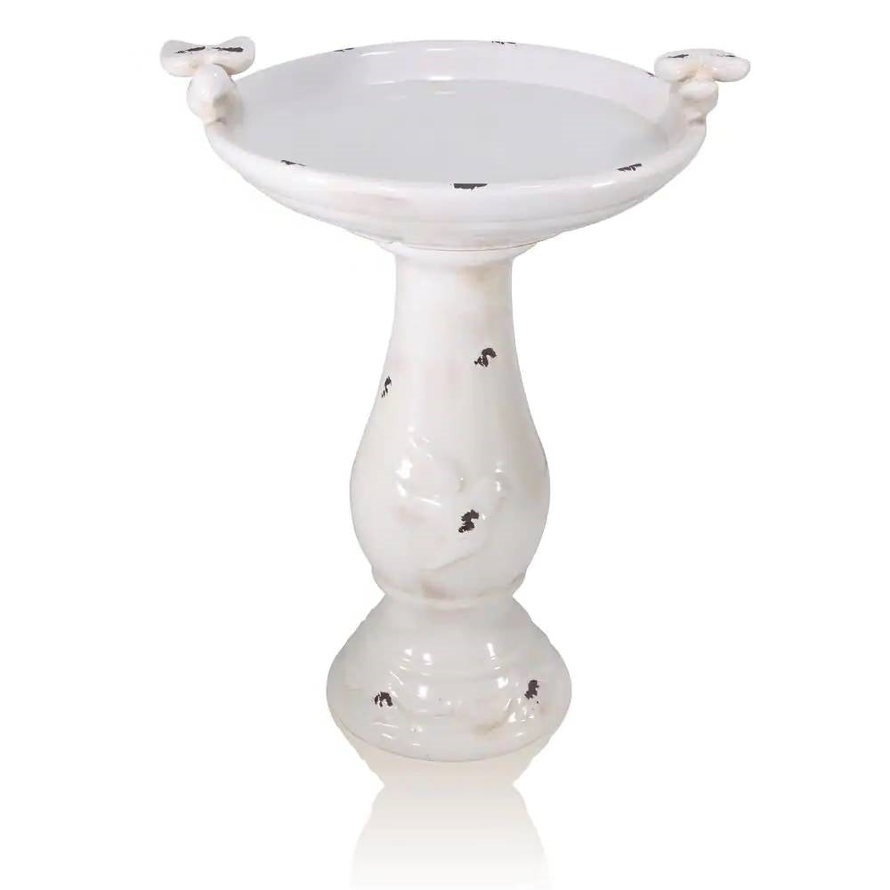 Outdoor Off-White Ceramic Birdbath in Light-Brown Antique Finish FastFurnishings