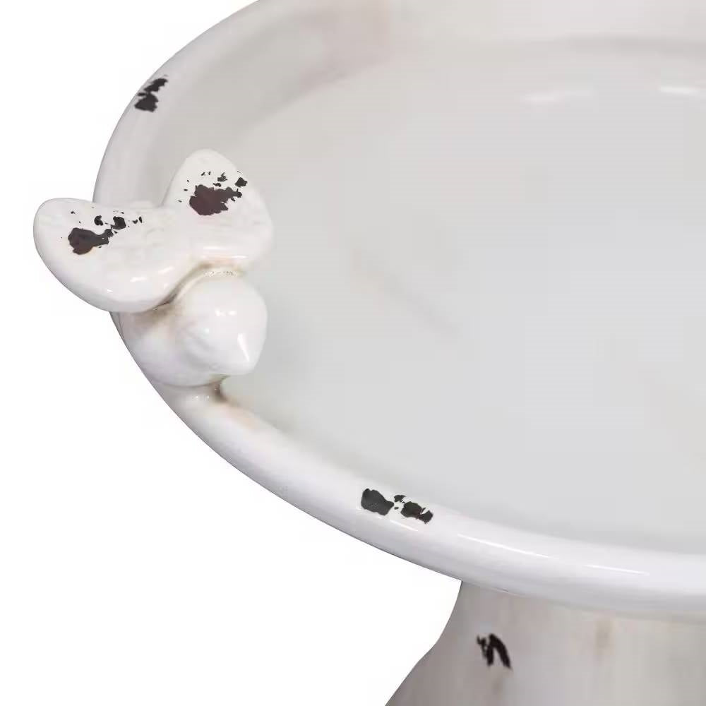 Outdoor Off-White Ceramic Birdbath in Light-Brown Antique Finish FastFurnishings