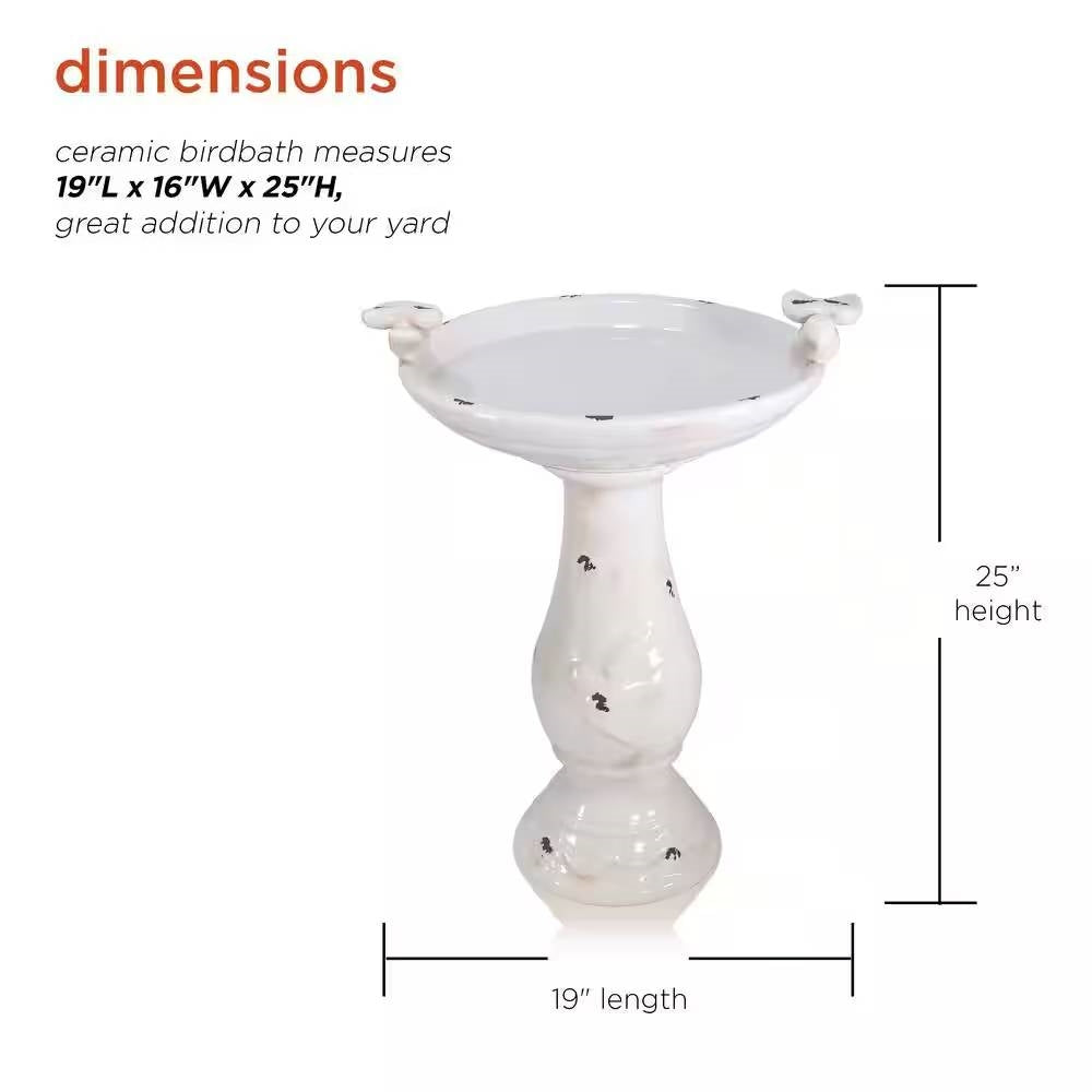 Outdoor Off-White Ceramic Birdbath in Light-Brown Antique Finish FastFurnishings