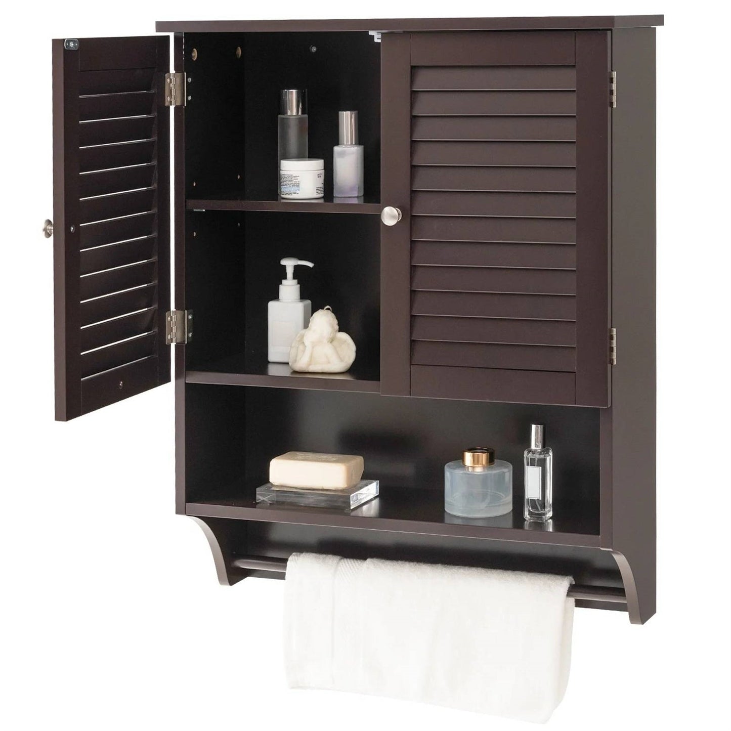 Brown Wall-Mounted Bathroom Medicine Cabinet with Louver Doors and Towel Bar FastFurnishings