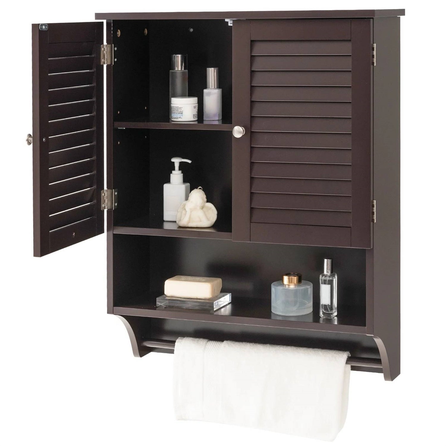 Brown Wall-Mounted Bathroom Medicine Cabinet with Louver Doors and Towel Bar FastFurnishings