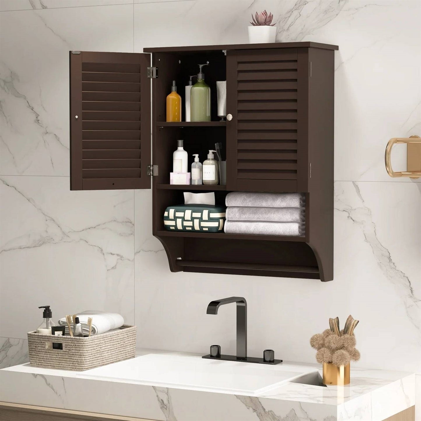 Brown Wall-Mounted Bathroom Medicine Cabinet with Louver Doors and Towel Bar FastFurnishings