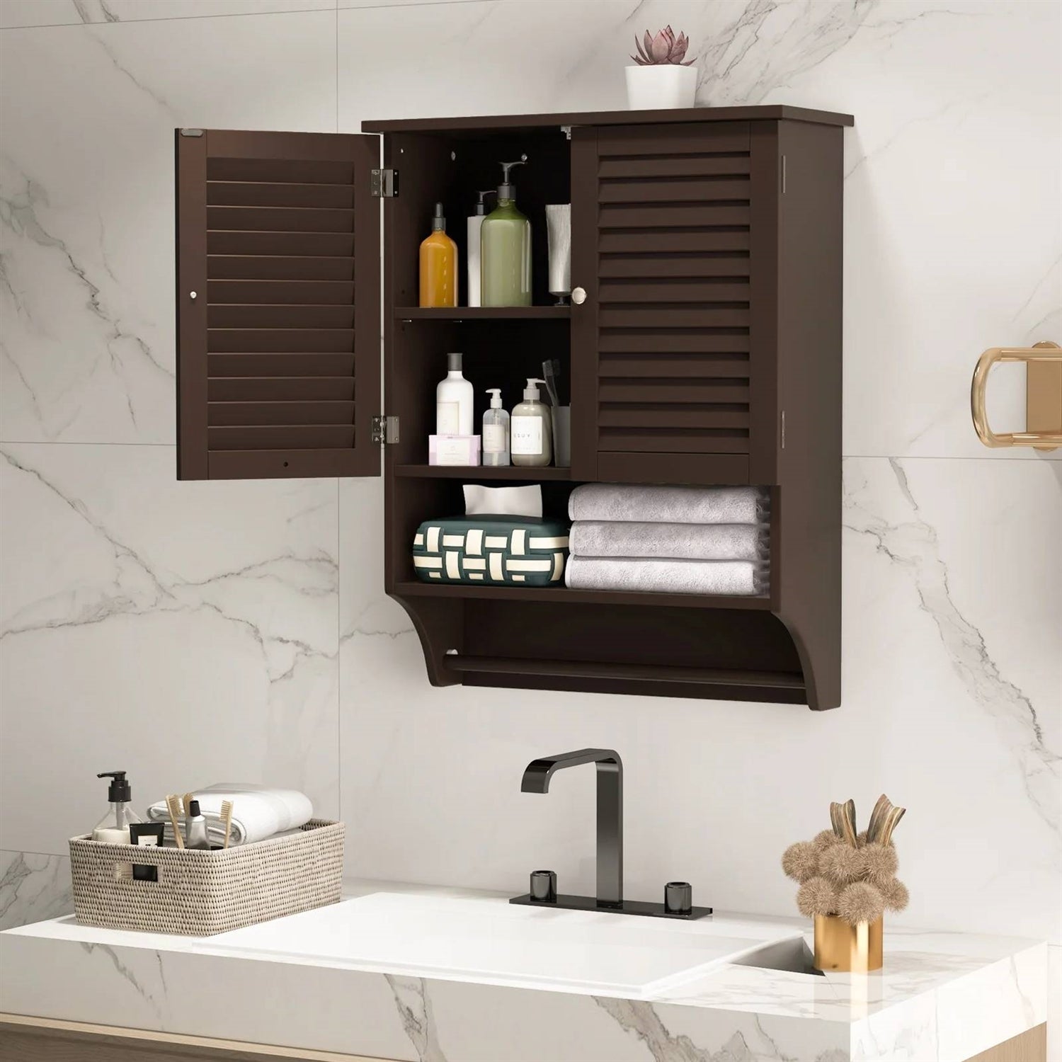 Brown Wall-Mounted Bathroom Medicine Cabinet with Louver Doors and Towel Bar FastFurnishings