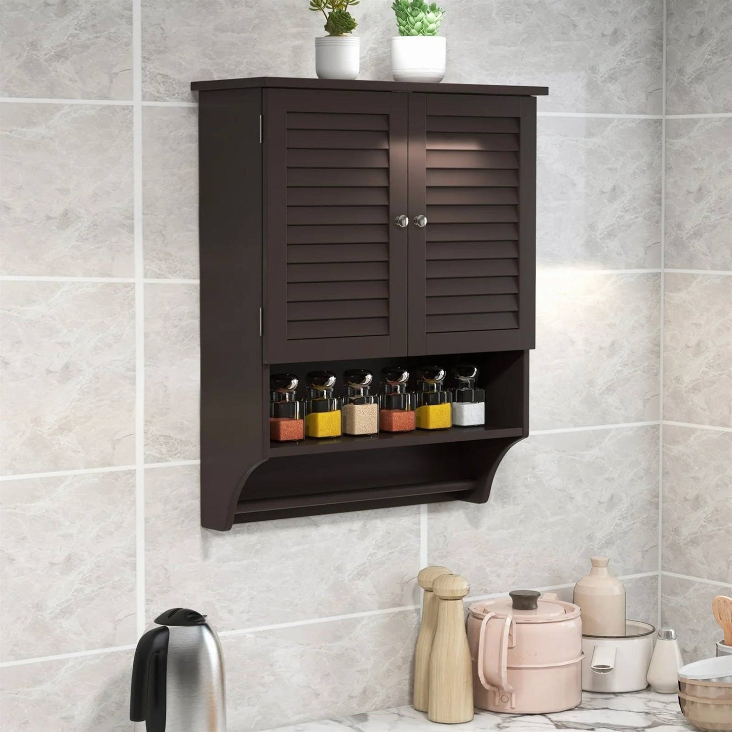 Brown Wall-Mounted Bathroom Medicine Cabinet with Louver Doors and Towel Bar FastFurnishings